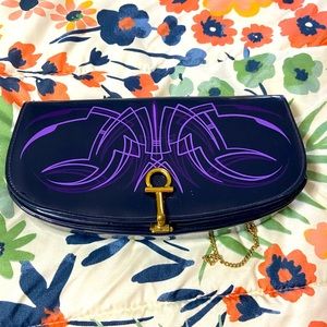 Rockabilly hand painted pinstripe navy and purple vintage clutch purse handbag